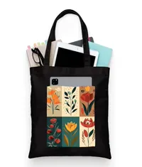 ZORI Black Canvas Tote Bag, Flower Art Design